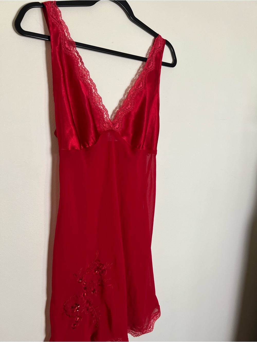 Vintage Red Lace-Trim Slip Dress sequins detail- Women's Intimates